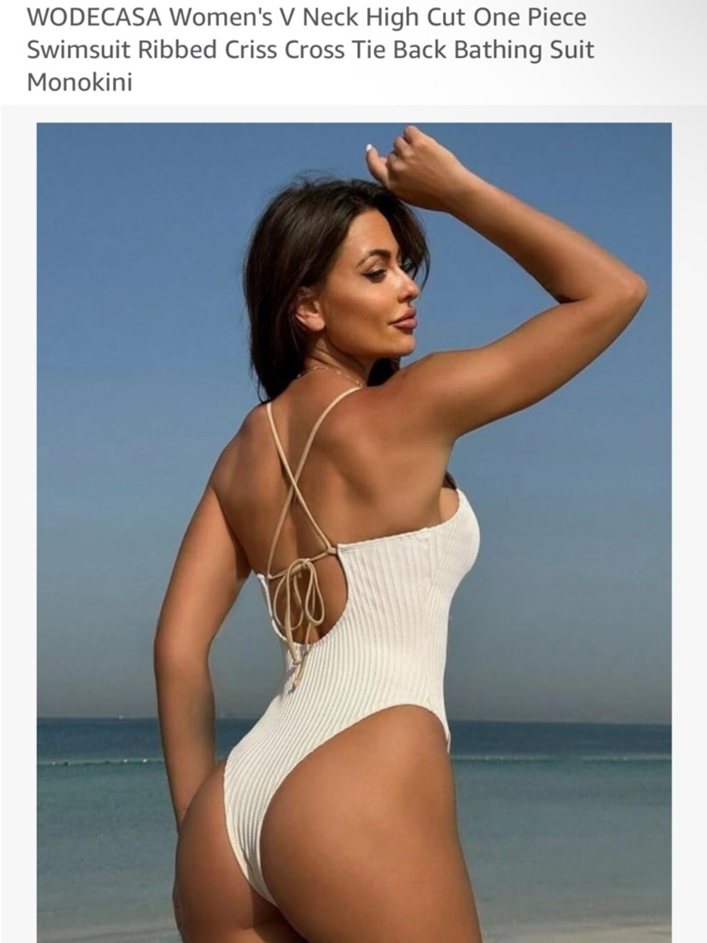 Cream Ribbed Lace-Up One-Piece Swimsuit sold on Amazon NWOT - Picture 2 of 2